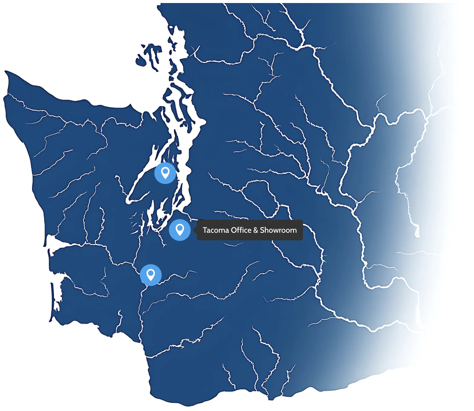 Map of WA with pins, showing Tacoma, WA